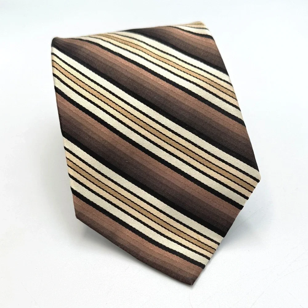 Van Heusen Mens Silk Necktie Brown Tan Cream Striped‎ Classic Business Tie
